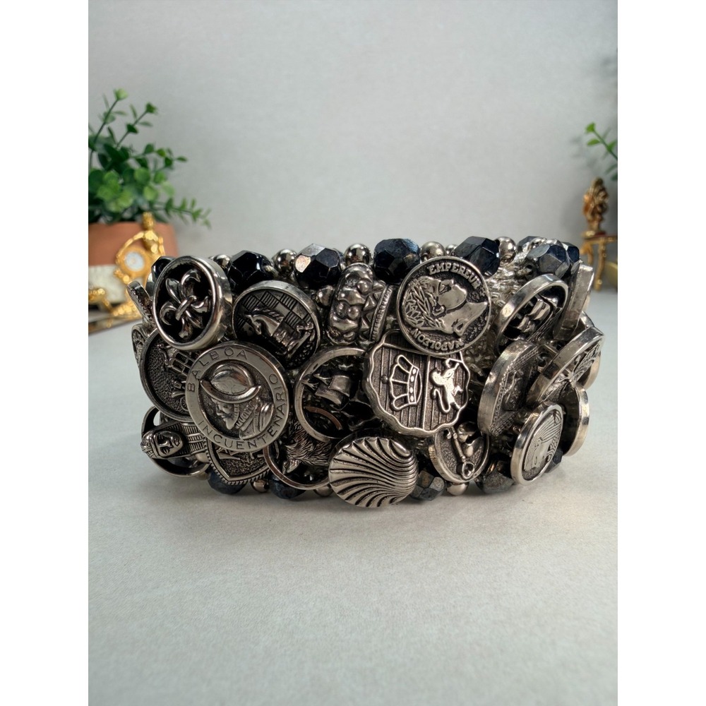 Vintage Loaded Charm Button Cuff Bracelet Silver Tone Black Beaded Statement